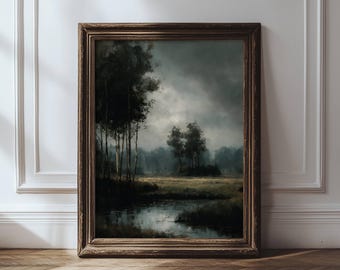 Moody Forest Landscape Wall Art Print, Vintage Autumn Farmhouse Evergreen Painting, Rustic Nature Wall Décor, Antique Fall Cottagecore Decor