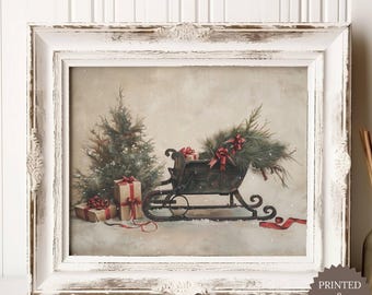 Cuadro rústico navideño sin marco con diseño de trineo, pintura vintage de trineo, decoración navideña de estilo granja, lámina de árbol de Navidad. Impreso y enviado.