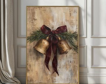 Art mural de Noël maussade à imprimer, impression de vacances vintage, peinture à l'huile rustique cloches en laiton, décoration murale d'hiver antique de Noël à la campagne