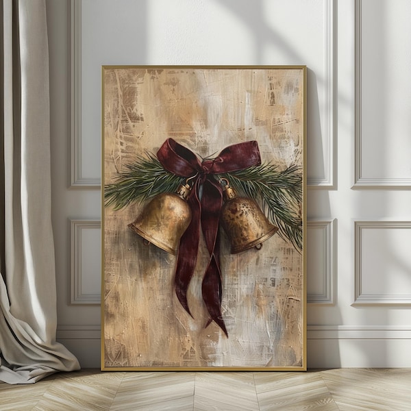Stimmungsvoller Weihnachten Wand Kunst, Vintage Feiertagsdruck, Messingglocken Rustikales Ölgemälde, Land Weihnachten Antik Winter Wanddekoration