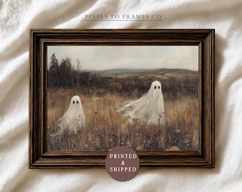 Halloween Ghosts Pumpkin UNFRAMED Wall Art Print, Autumn Meadow Printable Wall Art, Vintage Cottagecore Fall Decor, PRINTED & SHIPPED