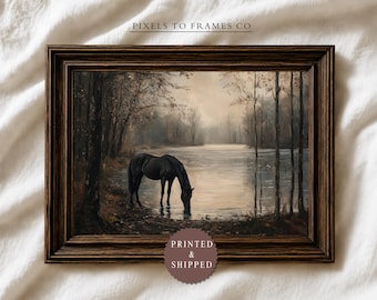 Vintage Dark Horse UNFRAMED Print, Misty Autumn Lake Painting, Vintage Equestrian Landscape Decor, Moody Woodland Art, Printed & Shipped