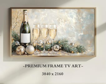 Arte para TV Samsung Frame para a Celebração de Ano Novo, Natureza Morta Elegante com Champanhe, Pintura a Óleo Vintage em Tons Neutros, Decoração Festiva para Casa.