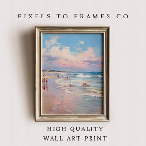 Retro Küsten Strand Kunstdruck | Pastell Rosa Ocean Wanddekor | Vintage Badezimmer und Schlafzimmer Kunst | Girly Wohnung Printable | Digitaler Download