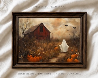 Vintage Ghost Pumpkin Patch Printable Wall Art, Rustic Fall Farmhouse Painting (Digital Download)