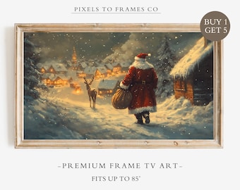TV-konst med jultomte och renar, neutral julskärmsläckare för Samsung, festlig TV-dekor i lantlig stil, högtidsväggkonst, vinter-TV-tapet