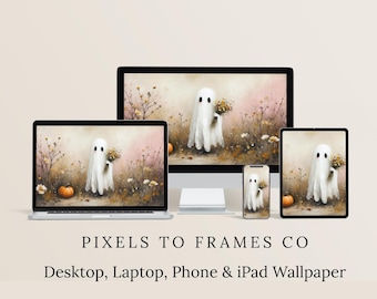 Whimsical Ghost Desktop Wallpaper, Halloween Phone Wallpaper, Cute Spooky iPhone Wallpaper, Floral Halloween iPad Background