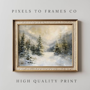 Könnte beinhalten: Ein gerahmter Druck einer Winterlandschaft mit schneebedeckten Nadelbäumen und einem Weg. Das Kunstwerk befindet sich in einem goldenen, verzierten Rahmen. Der Text "PIXELS TO FRAMES CO" und "HIGH QUALITY PRINT" werden angezeigt.