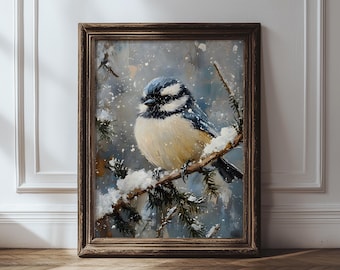 Arte mural imprimible de pájaro carbonero invernal, rama de pino nevada, decoración de pared de estilo rústico, pintura de naturaleza de bosque, descarga digital