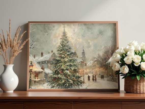 Vintage Winter Print | Rustic Christmas Wall Art | Snowy Landscape Painting | Winter Forest Painting | Farmhouse Holiday Printable Wall Art