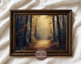 Moody Autumn Forest UNFRAMED Wall Art Print, Vintage Woodland Landscape Painting, Golden Fall Nature Decor, PRINTED & SHIPPED