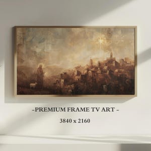 Peut inclure: Œuvre d'art encadrée représentant une scène religieuse. La peinture montre une figure avec un halo, un mouton et une ville sous un ciel étoilé. La palette de couleurs comprend des bruns, des beiges et des bleus. Le cadre est de ton neutre et chaud. Le texte en bas indique "-PREMIUM FRAME TV ART - 3840 x 2160".