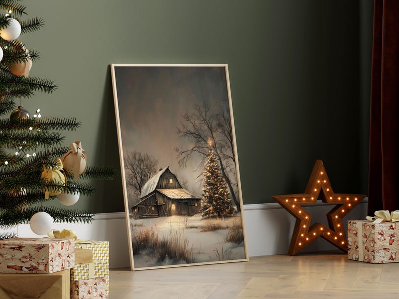 Rustic Christmas Barn Wall Art, Printable Winter Farmhouse Scene ...