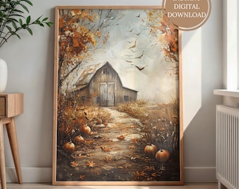 Farmhouse Pumpkin Barn Wall Art, Moody Fall Barn Print, Rustic Fall Art Decor, Autumn Season Art Print, Printable Countryside Fall Painting