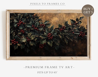 Moody Holly Berry Christmas Frame TV Art, Red Berry Winter Botanical Digital Download, Vintage Holiday Samsung TV Decor, Festive TV Art