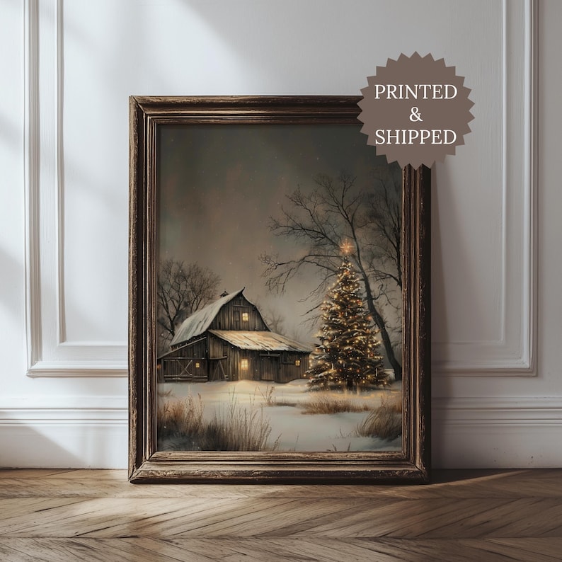 Rustic Christmas Barn Wall Art, Winter Farmhouse Scene, Vintage Snowy ...