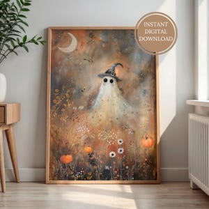 Ghost in Enchanted Forest Meadow Art Print, Whimsical Halloween Decor, Charming and Spooky Wall Art for Fall Season