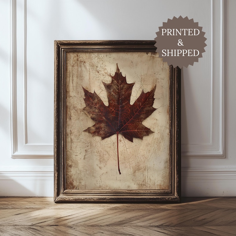 May include: A framed print featuring a detailed image of a maple leaf in shades of brown and red. The leaf is centered on a textured, off-white background, encased in a dark brown wooden frame. The print is displayed against a white wall and wooden floor.
