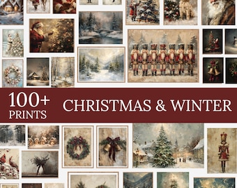 Vintage Xmas Wall Art Prints Mega Bundle, Rustic Christmas Holiday Home Decor, Festive Oil Painting Set, Xmas Gallery Wall Art Collection