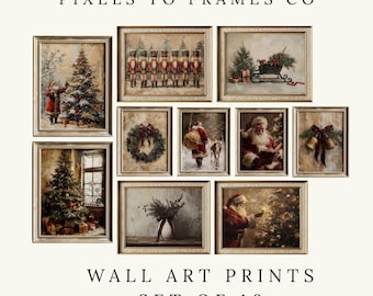 Antique Christmas Gallery Wall Art Set of 10, Vintage Holiday Prints, Cozy Winter Home Décor, Festive Wall Display, Vintage Santa Paintings