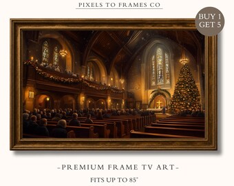 May include: A framed digital artwork titled PIXELS TO FRAMES CO displaying a church interior during a Christmas service with a large decorated tree, wooden pews, and stained glass windows. The frame is gold and fits up to 85 inches for TV screens.