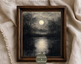 Spooky Halloween UNFRAMED Wall Art Print, Moonlit Haunted Lake Painting, Gothic Forest Decor, Dark Moody Gallery Print, PRINTED & SHIPPED
