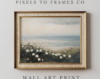 Summer Printable Wildflower Field Landscape Painting, Vintage Beach Print, Coastal Print Spring Print, Farmhouse Wall Art, Ocean Seascape