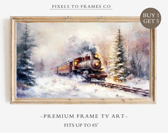 Marco de TV con diseño de tren navideño, protector de pantalla de TV con marco de invierno vintage, descarga digital para Samsung Frame TV navideña, decoración de pared con diseño de tren navideño