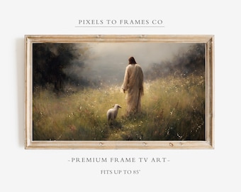 Jesus Leaves the 99 Frame TV Art, Christian Good Shepherd Painting, Lost Sheep Parable, Boho Christian Landscape TV Screensaver, LDS Art