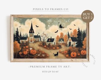 Vintage Halloween Frame TV Art, Spooky Cottages Pumpkins Bats TV Screensaver, Witch Samsung Frame TV Art, Farmhouse Wall Decor, Fall Tv Art