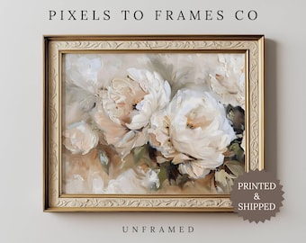 Impresión sin marco de arte mural de peonías, pintura impresionista vintage, obra de arte floral antigua en blanco y beige, regalo para ella, impresa y enviada.
