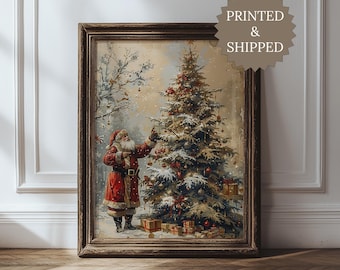 Lámina navideña vintage de Papá Noel sin marco, dibujo de Papá Noel y árbol, póster navideño de bosque invernal, decoración de pared antigua, impresa y enviada.