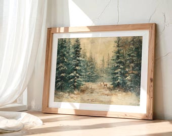 Impresión artística vintage de ciervos en el bosque, paisaje invernal, arte mural imprimible de renos antiguos, pintura navideña de pinos nevados.