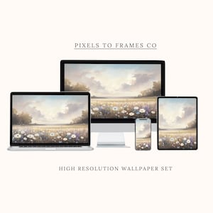 May include: A digital wallpaper set displayed on a desktop monitor, laptop, tablet, and smartphone. The screens show a landscape illustration of a field of white and purple wildflowers under a cloudy sky. Text reads PIXELS TO FRAMES CO and HIGH RESOLUTION WALLPAPER SET.