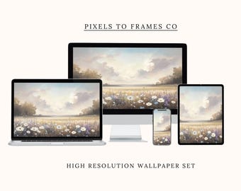 Puede incluir: Un conjunto de fondos de pantalla digitales en un monitor de escritorio, portátil, tableta y teléfono inteligente. Las pantallas muestran una ilustración de un campo de flores silvestres blancas y moradas bajo un cielo nublado. Texto: PIXELS TO FRAMES CO y HIGH RESOLUTION WALLPAPER SET.