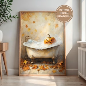 Puede incluir: Una impresión digital enmarcada representa una bañera antigua con patas de león llena de burbujas y una calabaza tallada. Hojas de otoño están esparcidas alrededor de la bañera y cayendo desde arriba. La impresión tiene una paleta de colores cálidos e incluye el texto "INSTANT DIGITAL DOWNLOAD".