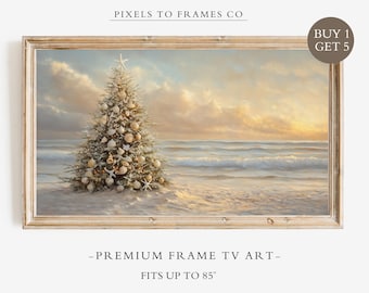Cuadro decorativo para TV Samsung con árbol de Navidad costero, arte mural navideño junto al mar, protector de pantalla de TV con playa en tonos neutros, decoración para TV de casa de playa