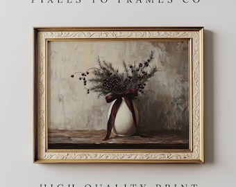 Christmas Floral Still Life, Vintage Botanical Winter Print, Moody Holiday Floral Printable Wall Art, Dark Red Holiday Home Decor