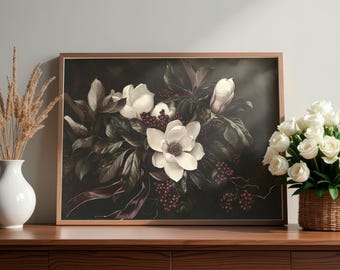 Moody Vintage Winter Floral Printable Wall Art, Printable Christmas Wall Decor, Magnolia Holiday Print, Classic Christmas Winter Painting