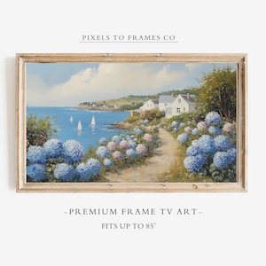 Coastal Hydrangea Frame TV Art, Blue Summer TV Screensaver, Floral Sailboat Print, Nautical Home Decor, Spring Flower Vintage Oil Painting