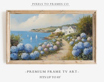 Kusthortensia-lijst tv-kunst, blauwe zomer tv-screensaver, bloemenprint met zeilboot, nautische woondecoratie, vintage olieverfschilderij met lentebloemen