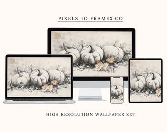 May include: A digital wallpaper set displayed on a computer monitor, laptop, tablet, and smartphone. The screens feature a sketch-style illustration of pumpkins and autumn leaves. Text reads PIXELS TO FRAMES CO and HIGH RESOLUTION WALLPAPER SET.
