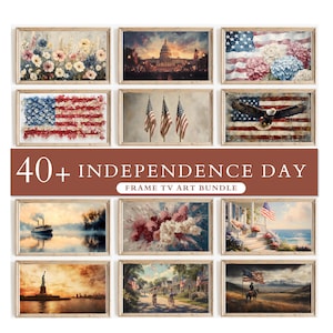 Puede incluir: Una colección de impresiones artísticas enmarcadas con temática patriótica. Las imágenes incluyen arreglos florales, el Capitolio de los Estados Unidos, banderas americanas, un águila, fuegos artificiales y escenas históricas. El texto dice "40+ INDEPENDENCE DAY FRAME TV ART BUNDLE."