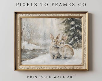 Vintage Winter Bunny Wall Art Print, Romantic Woodland Rabbits in Snow, Neutral Farmhouse & Cottage Decor, Soft Painterly Animal Art