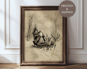 Antique Santa with Reindeer Sleigh UNFRAMED Print, Rustic Christmas Wall Art, Old World Farmhouse Holiday Decoration, PRINTED & SHIPPED