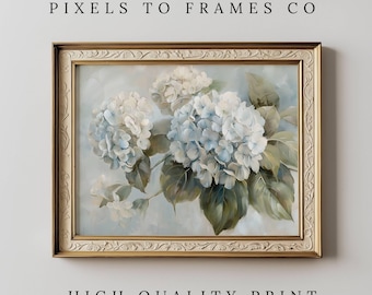 White Hydrangeas Muted Vintage Print, Vintage Style Still Life Flowers Wall Art, Neutral Spring Floral Painting, Rustic Farmhouse Decor
