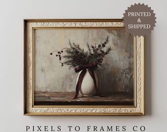 Christmas Floral Still Life UNFRAMED PRINT, Vintage Botanical Winter Painting, Moody Holiday Floral Poster, Dark Red Holiday Home Decor