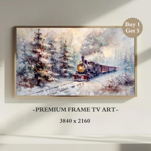 May include: A framed winter landscape painting featuring a vintage train traveling through a snowy forest. The artwork has a gold frame and includes the text "-PREMIUM FRAME TV ART-" and "3840 x 2160".