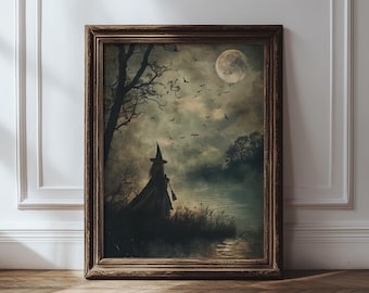 Vintage Witch with Broom Halloween Printable Wall Art, Moody Fall Lake Oil Painting, Whimsical Gothic Wall Décor, Spooky Cottagecore Decor
