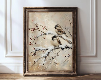 May include: A framed painting depicts two small birds perched on a snow-covered branch with red berries. The artwork has a soft, muted color palette with a vintage aesthetic. The frame is a dark brown color.